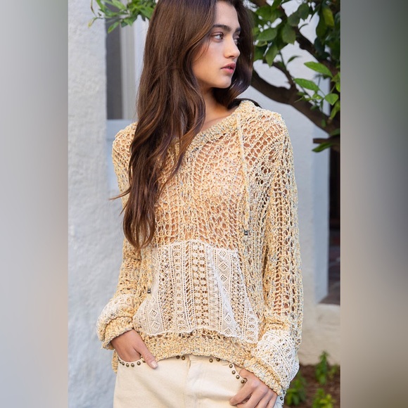 POL Yellow Powder Banana Crochet Knit Hoodie Sweater - Picture 4 of 7